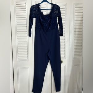 SHEIN | Plush Off Shoulder Lace Bodice Self Belt Jump Suit | Size OXL | Blue
